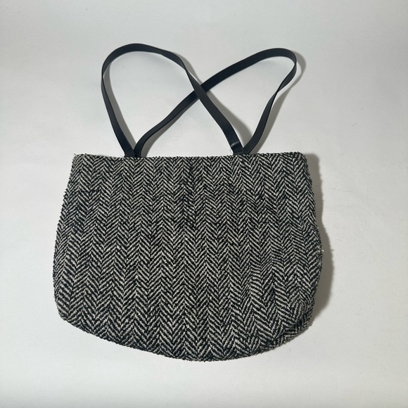 Black and White Tote with Textured Fabric and Long Handles - Picture 2 of 4